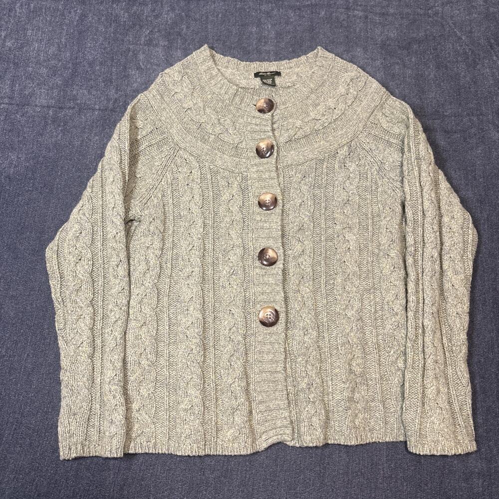 Eddie Bauer Large Wool Blend Cable Knit Cardigan Sweater Cozy Cabin Green